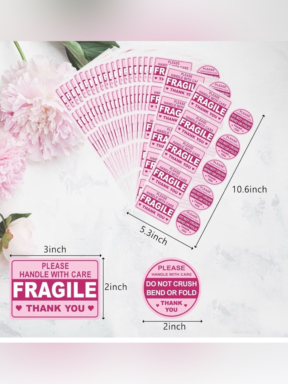 100 Fragile Handle With Care Pink Packing Stickers - Pack of Assorted Shapes